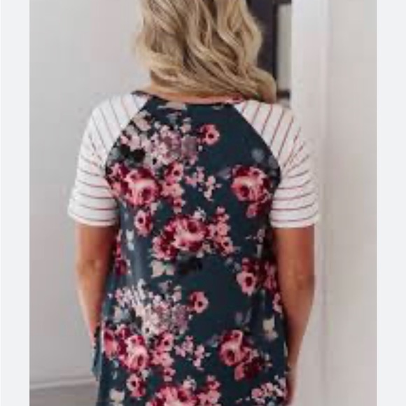 Pink Blush Maternity (1X) Dark Teal and Pink Floral and Stripes Short Sleeve Top - Picture 2 of 8